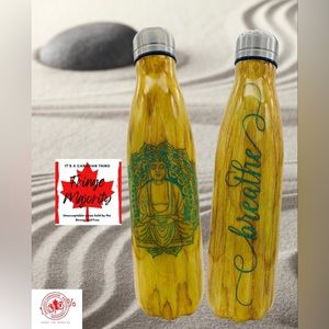 Breathe, 17oz water bottle, hand painted wood grain, teal glitter, epoxy sealed